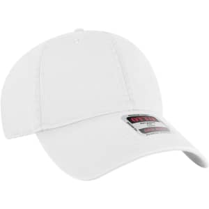 A white 6 panel low profile dad cap with a logo on the front. The cap features a curved brim.