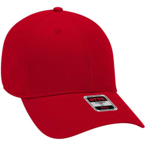 A red six-panel low profile baseball cap featuring a branded label.