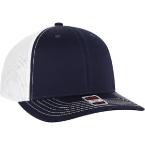 A 6 panel mid profile trucker cap featuring a navy body and a white mesh back, with a branded tag on the side.