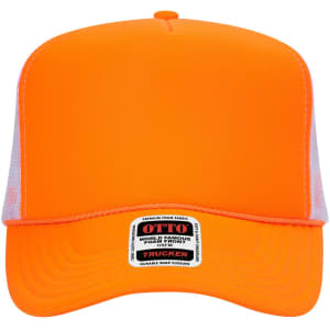 An orange 5 Panel High Crown Trucker Cap with a foam front and mesh sides, featuring a logo on the label.