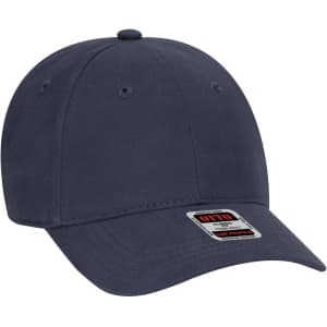 A navy blue 6 panel low profile baseball cap with a logo, designed for youth headwear.
