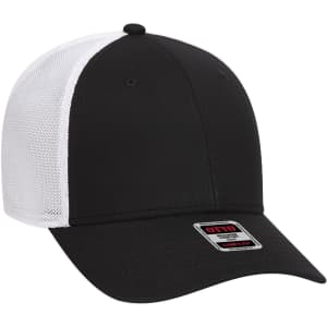 A black and white low profile baseball cap with a mesh back and a logo on the front.