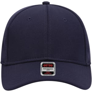 A navy blue 6-panel low profile baseball cap with a logo tag at the front.