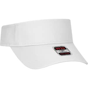 A white youth sun visor featuring a wide brim and a logo on the front.