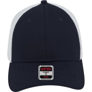 A navy blue low profile trucker cap with white mesh panels and a branded tag on the front.