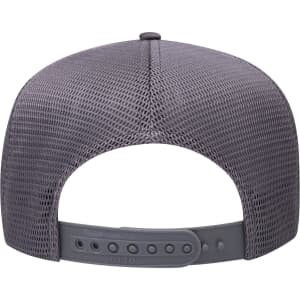 A grey mesh back trucker hat featuring a high crown and adjustable strap. The hat has a logo on the back.