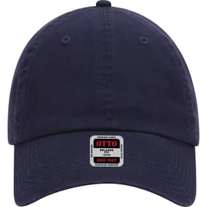 A navy blue 6 panel low profile dad cap featuring a logo and a curved brim.