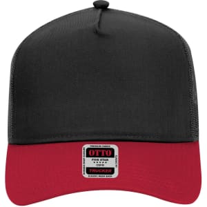 A black and red 5 panel mid-profile trucker cap featuring a branded label on the front.