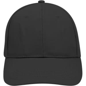 A black 6 panel low profile baseball cap featuring a curved brim and a logo on the front.