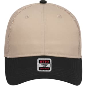 A beige and black six-panel low profile trucker cap with a mesh back and a brand label on the front.