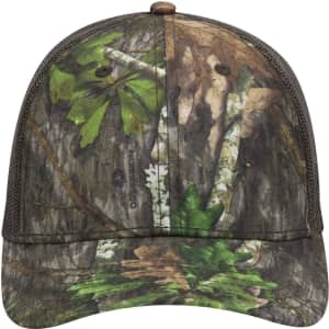 A camouflage baseball cap featuring a six-panel design with a low-profile fit and mesh back.