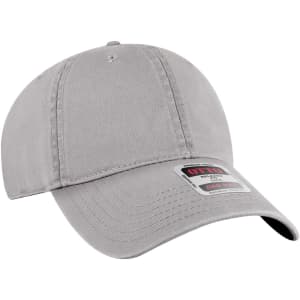 A grey 6-panel low profile dad cap featuring an adjustable strap and a branded logo.