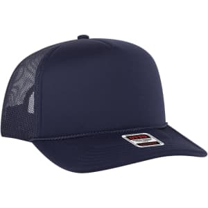 A navy 5 Panel High Crown Trucker Cap featuring a mesh back and a logo on the front.