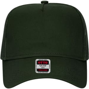 A green 5-panel low profile trucker cap with a mesh back and an attached brand label.