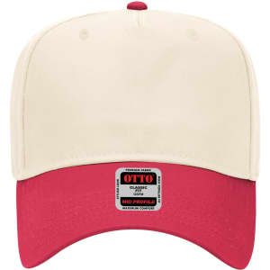 A beige and red 5-panel mid crown baseball cap with a logo on the front.
