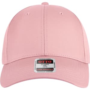 A pink 6 panel low profile baseball cap with a branded label on the front.