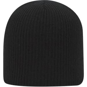 A black premium rib knit beanie with a simple, seamless design and a logo.