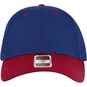 A low profile baseball cap featuring a blue top and red brim, with a logo on the front.