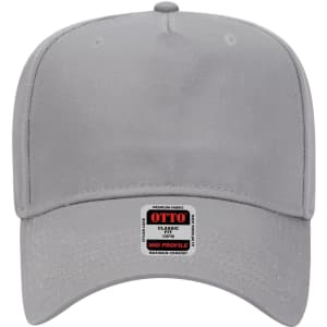 A grey 5 panel mid crown baseball cap featuring a logo on the front.
