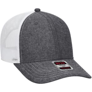 A grey and white 6 panel low profile trucker cap with a mesh back and a branded label on the front.