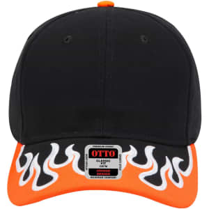 A black baseball cap with an orange brim featuring flame designs, and a logo on the front.
