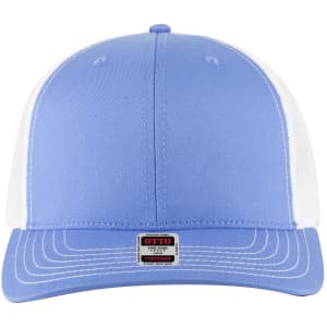 A blue and white 6 panel mid profile trucker cap with a logo on the front.