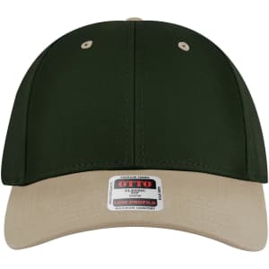 A 6 panel low profile baseball cap in green with a beige visor and a logo on the front.