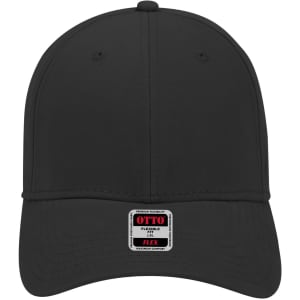A black 6 panel low profile baseball cap featuring a logo on the front.