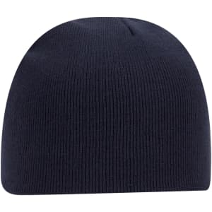 A navy classic knit beanie with a ribbed texture and a smooth top. It features a logo.