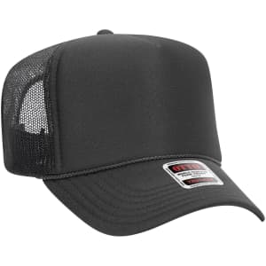 A black 5 Panel High Crown Trucker Cap with a mesh back and a branded label on the front.