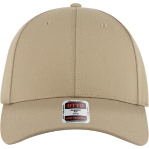 A beige 6-panel low profile baseball cap with a branded label on the front and no visible logos.