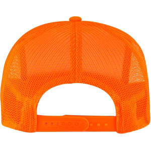 An orange mesh trucker cap with a high crown and an adjustable back strap. It features a branding logo.