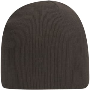 A classic knit beanie in dark brown, featuring a ribbed texture and a simple design with a logo.