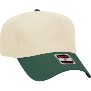 A five-panel mid crown baseball cap in cream and green with a branded label on the front.