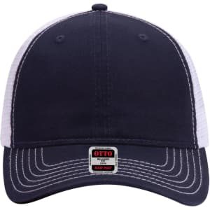 A navy and white 6-panel low profile trucker dad cap with a logo on the front.