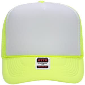 A high crown trucker cap in bright yellow with a white front panel and a logo on the underside of the brim.