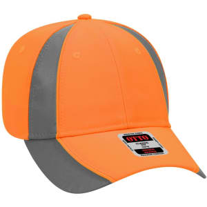 A bright orange and grey low-profile baseball cap featuring a logo on the front panel.