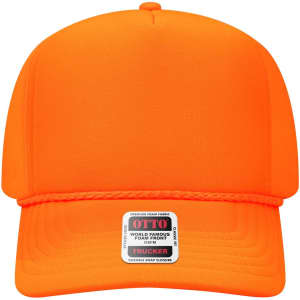 A bright orange 5 Panel High Crown Full Foam Cap with a durable snap closure and a logo label.