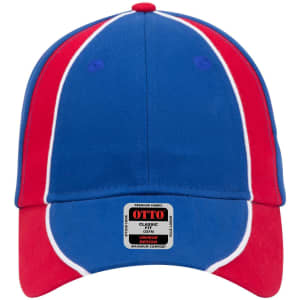 A blue and red 6 panel low profile baseball cap with contrasting stripes and a branded label.