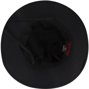 A black polyester pongee boonie hat with a wide brim and an inner label featuring a logo.