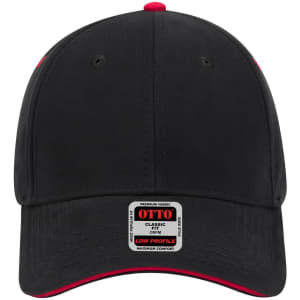 A black low-profile baseball cap with red accents and a logo on the front.