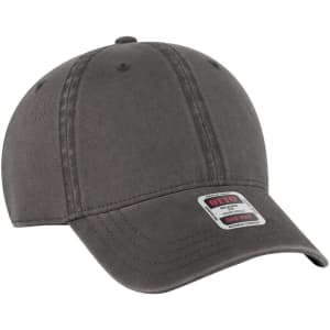 A grey six-panel low profile dad cap with a curved brim and an adjustable strap. It features a logo.
