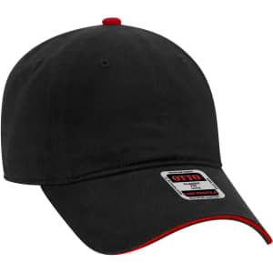 A black 6 panel low profile baseball cap with a red underbrim and a logo on the side.