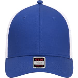 A blue and white baseball cap with a low profile and a 6-panel design, featuring a logo on the front.