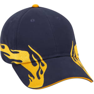 A navy baseball cap with yellow flame graphics and a logo on the front. It features a low profile design.