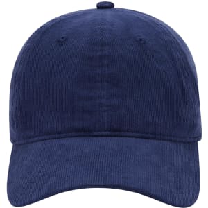 A navy blue 6 panel low profile baseball dad cap with a structured brim and a logo.