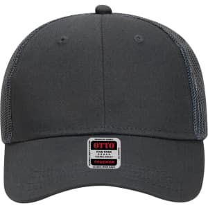 A grey low profile trucker cap featuring mesh sides and a branded tag on the front. Suitable for youth.