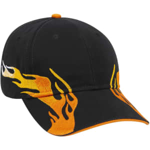 A black baseball cap with orange flame graphics, featuring a logo on the front.