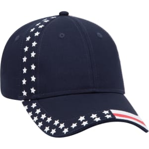 A navy blue baseball cap featuring a pattern of white stars and red, white, and blue stripes. It has a logo.