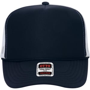 A navy blue 5 panel high crown trucker cap with mesh sides and a logo patch on the front.